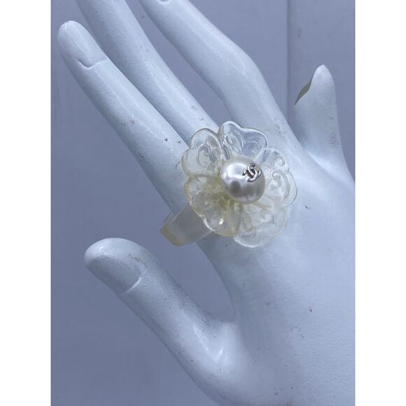 Chanel Clear Camellia Flower Ring with Pearl  CC Logo 6.5 - Picture 1 of 12